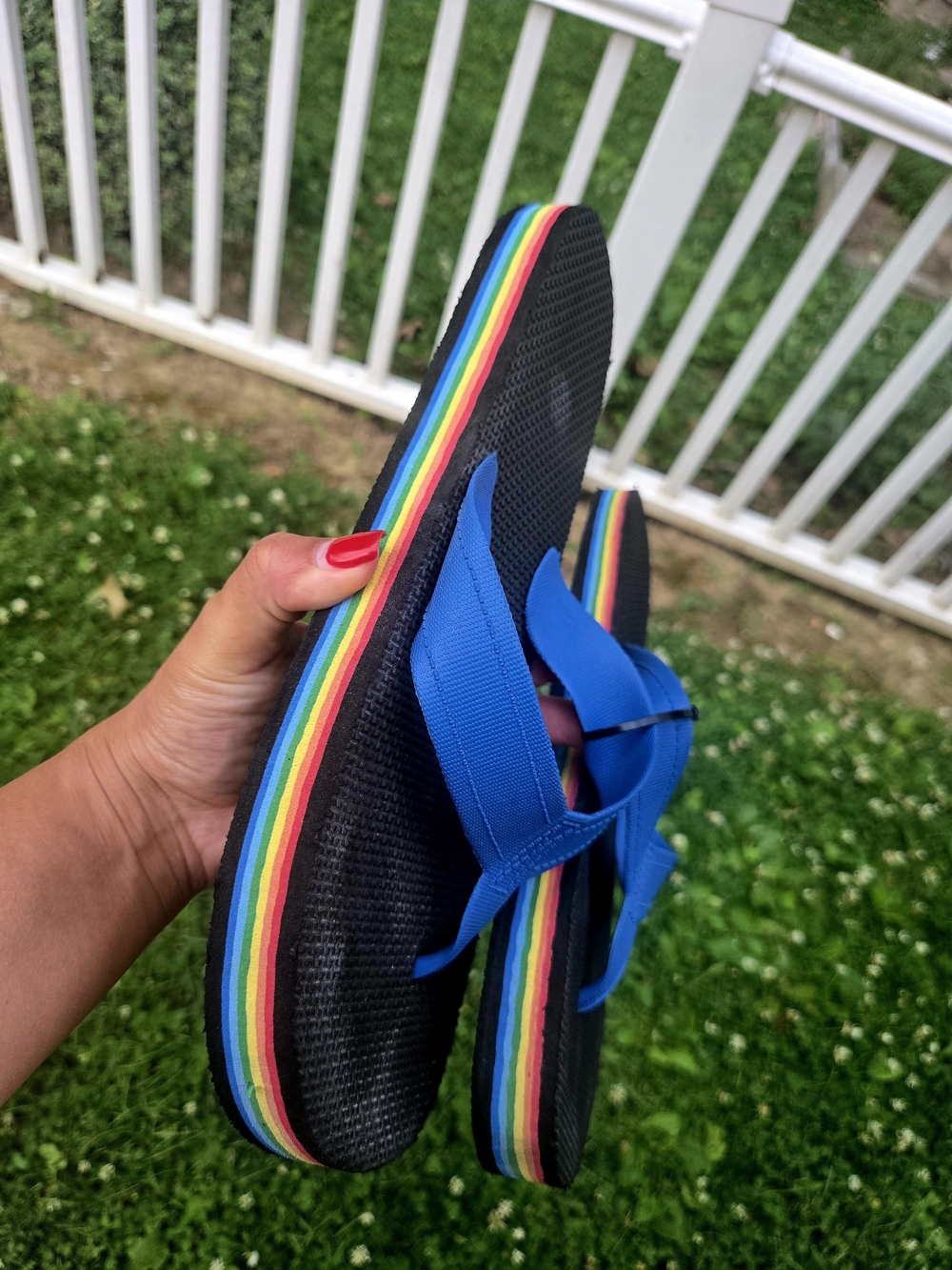 Black Flip Flops with Blue Straps and Rainbow Sole Size 11